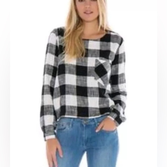 Cloth & Stone Buffalo Check Gauze Lace Up Back Long Sleeve Women’s Top Small - Picture 1 of 5